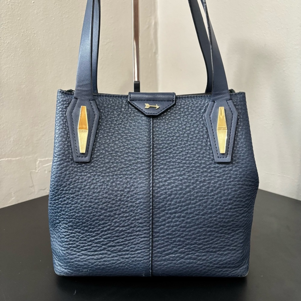 Gianni Bini Leather Shoulder Tote Purse Silver Hardware Navy Blue - Picture 2 of 12